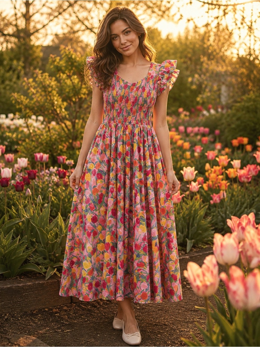 Ivy City Co Hattie Dress in Tulips Pink Floral Smocked Midi Size S